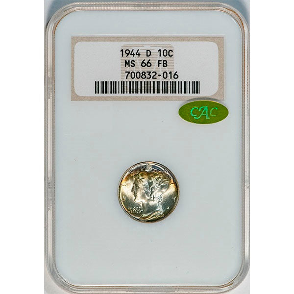 (5053) 1944-D 10C NGC MS66FB Gold CAC Mercury Dime slab