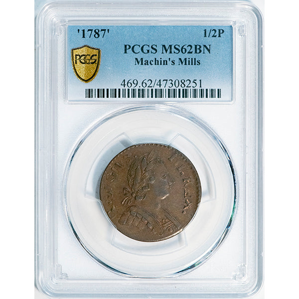 '1787' 1/2P Machin's Mills Vlack 17-87B PCGS MS62BN slab
