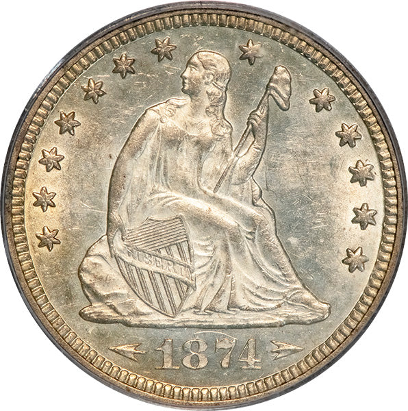 (5494) 1874 25C PCGS AU58 CAC Arrows obverse