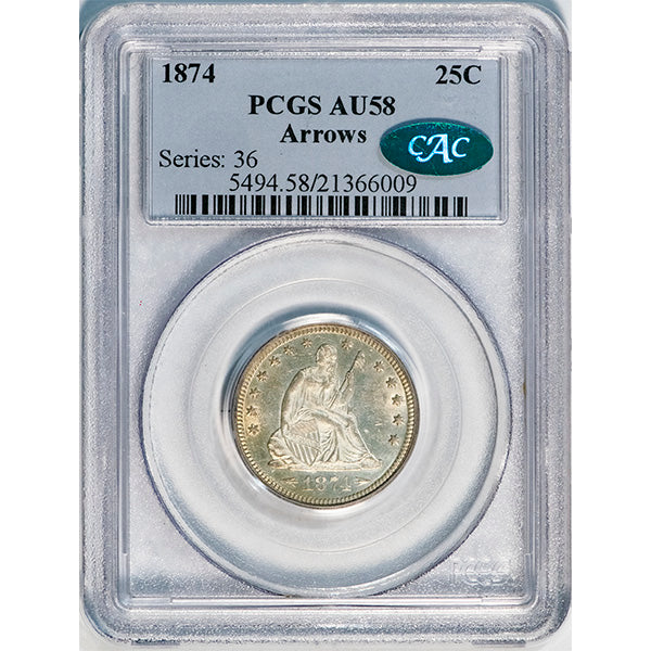 (5494) 1874 25C PCGS AU58 CAC Arrows slab