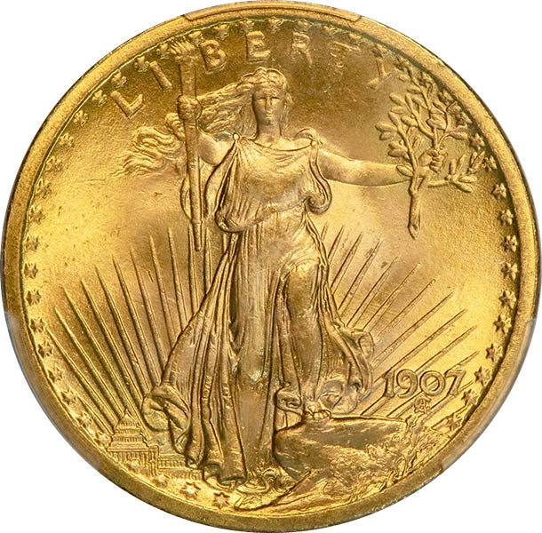 (9141) 1907 $20 PCGS MS66 Saint obverse