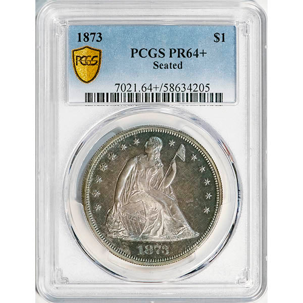 (7021) 1873 $1 PCGS PR64+ Seated Dollar slab