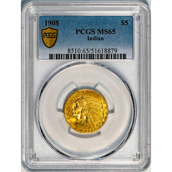 (8510) 1908 $5 PCGS MS65 Indian slab