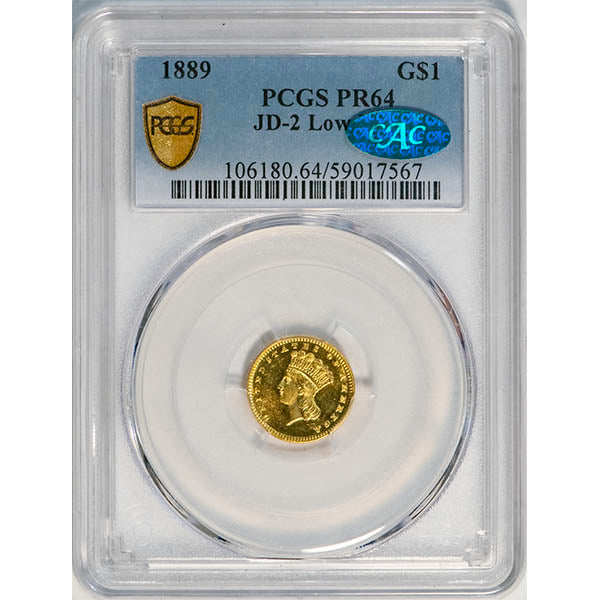 (7650) 1889 G$1 PCGS PR64 CAC JD-2 Low Date slab