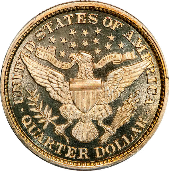 (5555) 1897 25C PCGS PR66DCAM CAC Barber reverse