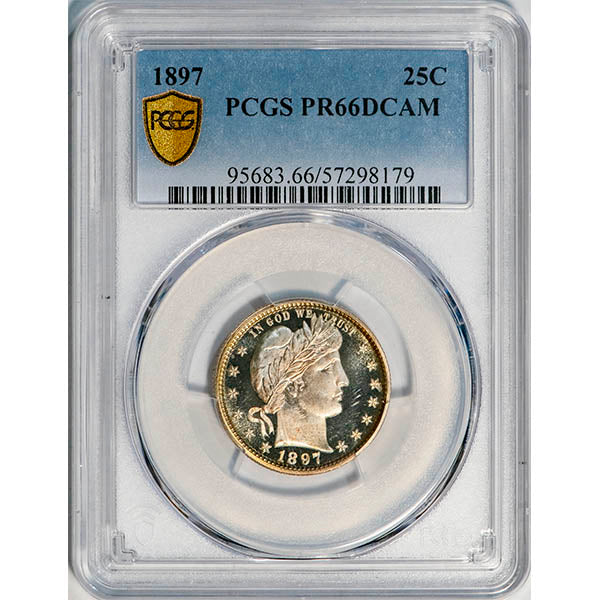 (5555) 1897 25C PCGS PR66DCAM CAC Barber slab