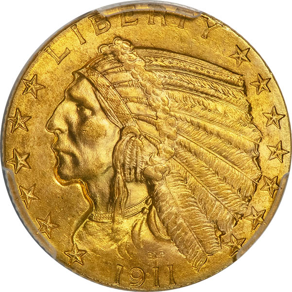 (8520) 1911 $5 PCGS MS64+ CAC Indian obverse