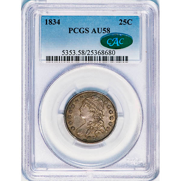 (5353) 1834 25C PCGS AU58 CAC Bust Quarter slab