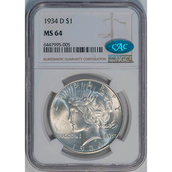 (7376) 1934-D $1 NGC MS64 CAC Peace slab