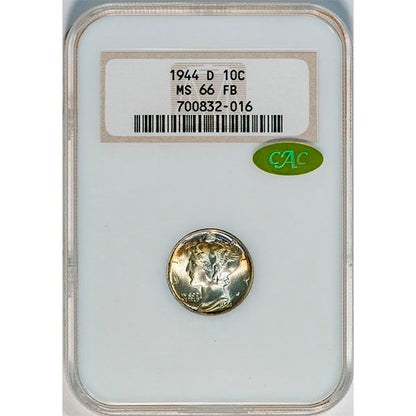 (5053) 1944-D 10C NGC MS66FB Gold CAC Mercury Dime slab