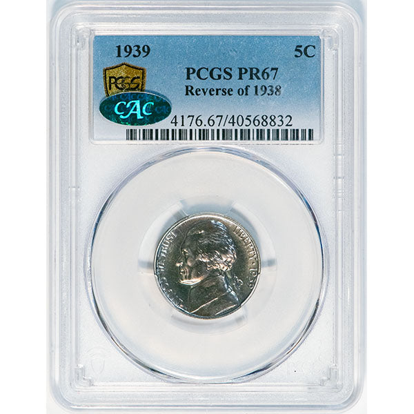 1939 5C Reverse of 1938 PCGS PR67 CAC Jefferson Five Cents slab