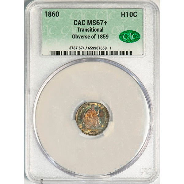 (3787) 1860 H10C CACG MS67+ CAC Seated Half Dime slab