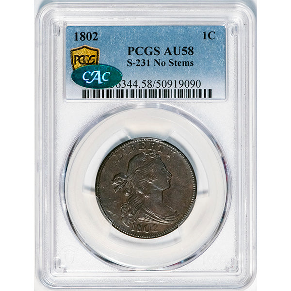 (1475) 1802 1C PCGS AU58 CAC S-231 Draped Bust Cent slab