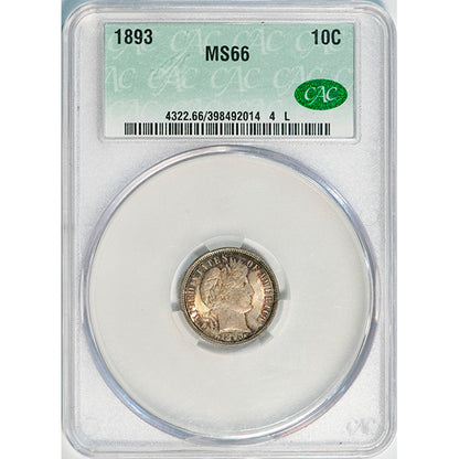 (4322) 1893 10C CACG MS66 CAC Barber Dime slab