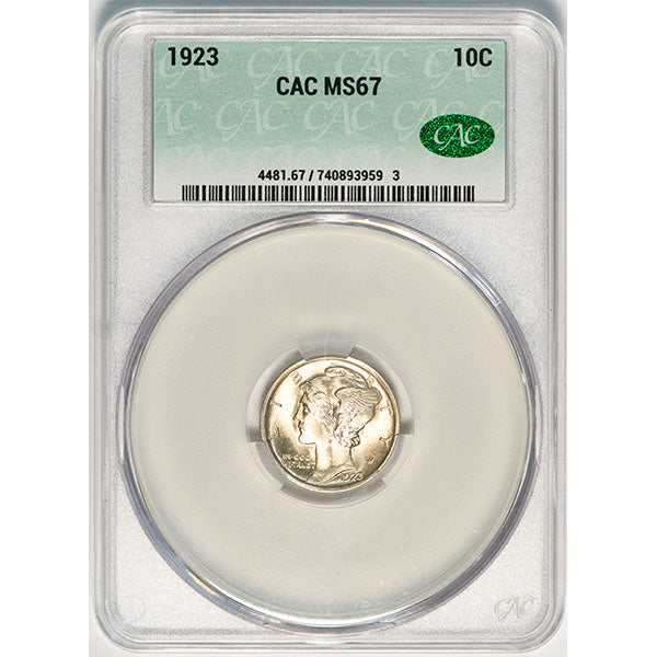 1923 10C CACG MS67 CAC Mercury Dime slab