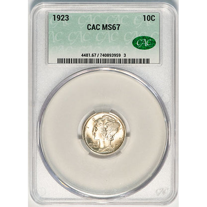 1923 10C CACG MS67 CAC Mercury Dime slab