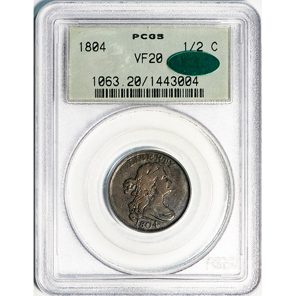 (1063) 1804 1/2C PCGS VF20 CAC Old Holder Draped Bust Half Cent slab