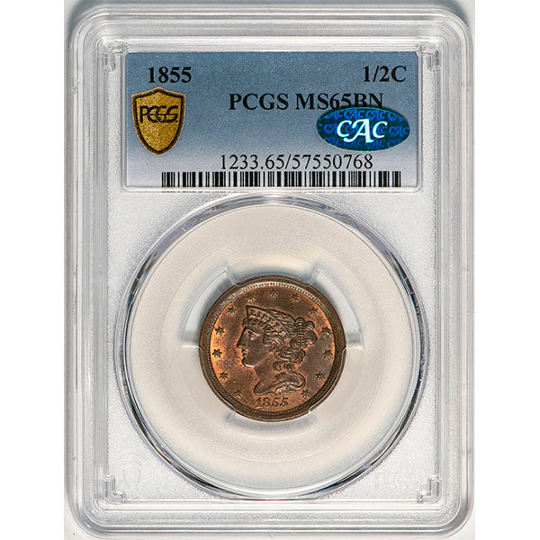1855 1/2C PCGS MS65BN CAC