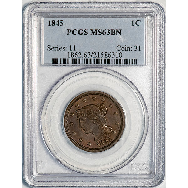 (1862) 1845 1C PCGS MS63BN Coronet Large Cent slab