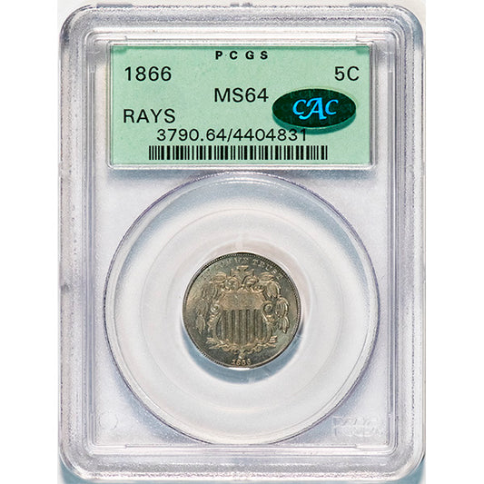 1866 5C PCGS MS64 CAC Shield Nickel slab