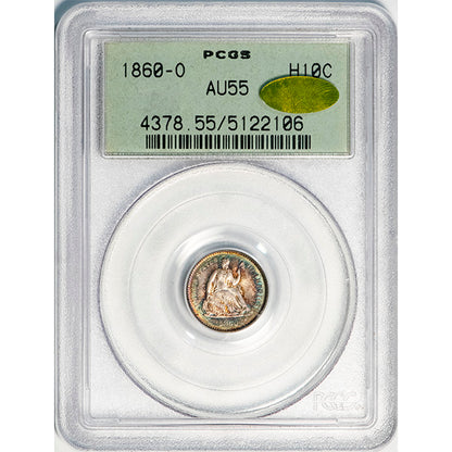 (4278) 1860-O H10C PCGS AU55 Gold CAC Seated Half Dime slab