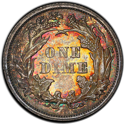 1876 10C PCGS MS66 CAC Colorfully toned Liberty Seated Dime reverse