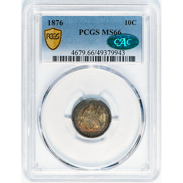 1876 10C PCGS MS66 CAC Colorfully toned Liberty Seated Dime slab