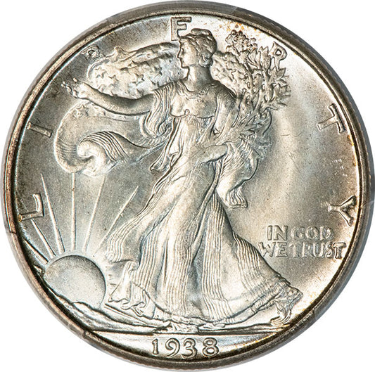 1938-D 50C PCGS MS65+ CAC Walking Liberty half dollar obverse