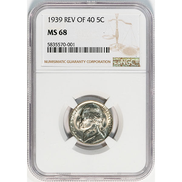 1939 5C Reverse of 40 NGC MS68 Jefferson Five Cents slab