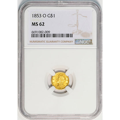 (7524) 1853-O G$1 NGC MS62 Gold Dollar slab