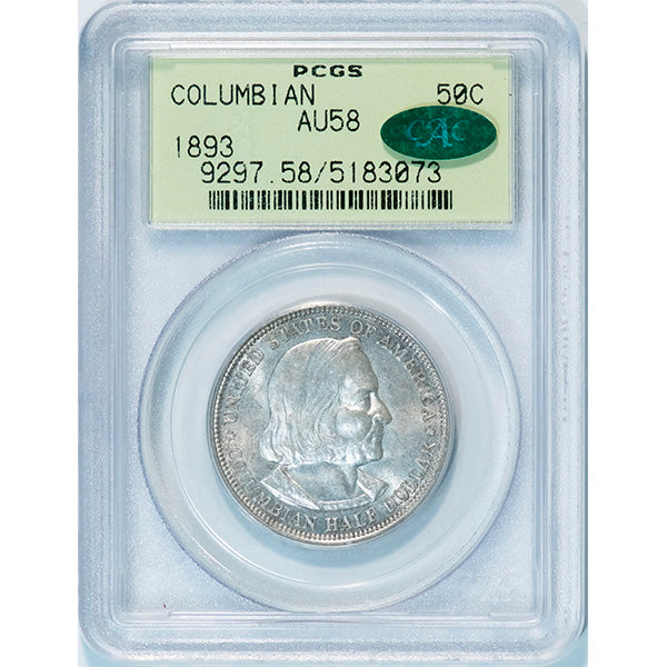 1893 50C Columbian PCGS AU58 CAC Silver Commemorative old holder slab