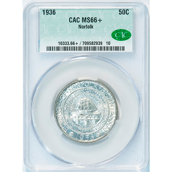 1936 50C Norfolk CACG MS66+ CAC Silver Commemorative slab