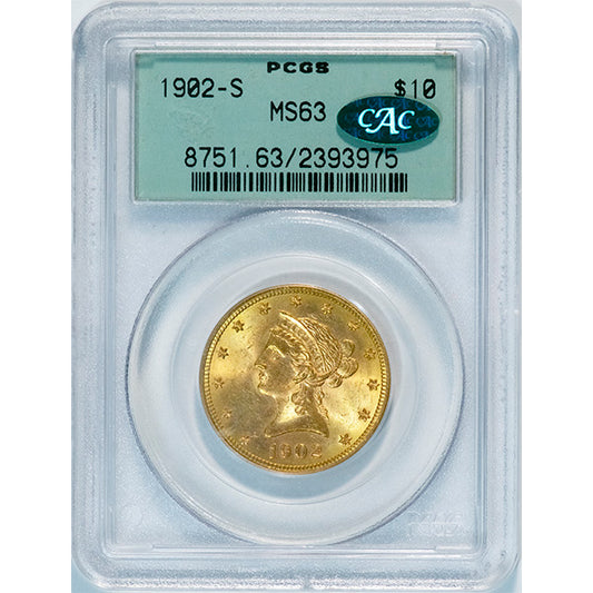 (8751) 1902-S $10 PCGS MS63 CAC Old Holder