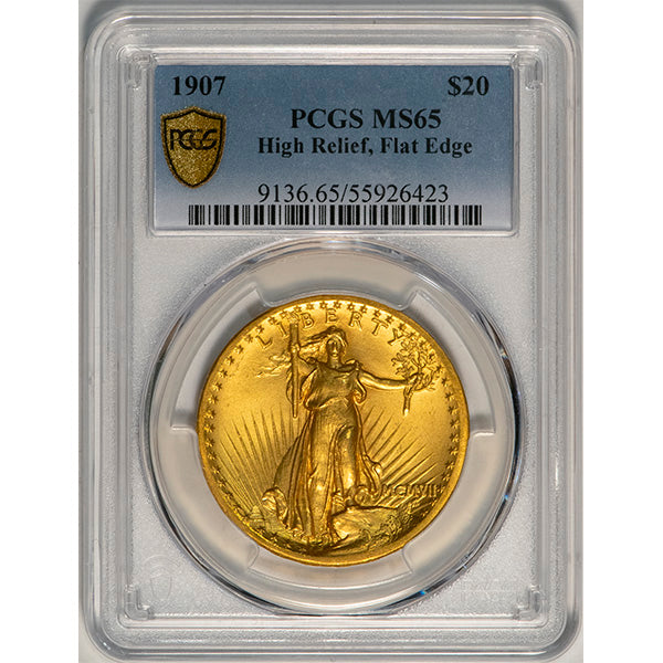 (9136) 1907 $20 High Relief, Flat Edge PCGS MS65