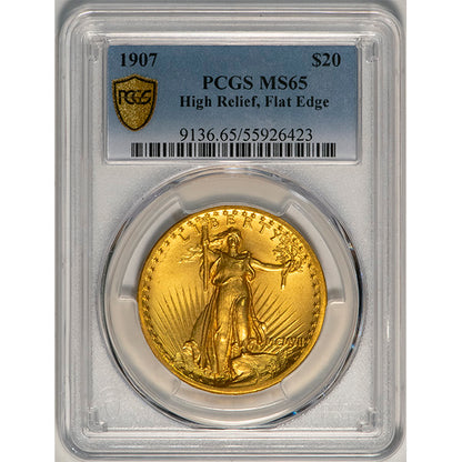 (9136) 1907 $20 High Relief, Flat Edge PCGS MS65