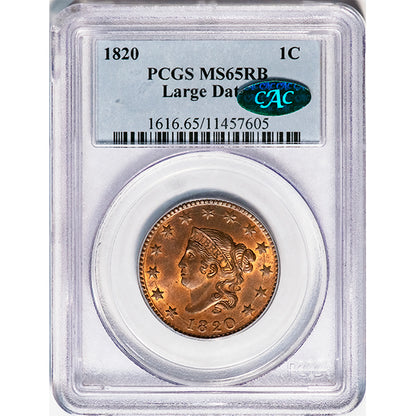 (1616) 1820 1C PCGS MS65RB CAC Liberty Head slab