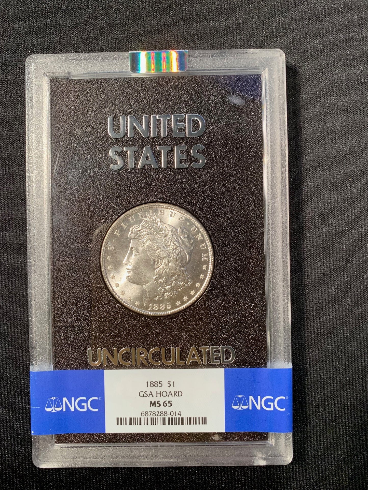 1885 $1 GSA Hoard NGC MS65 Morgan Dollar slab