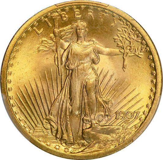 (9141) 1907 $20 PCGS MS66 Saint obverse