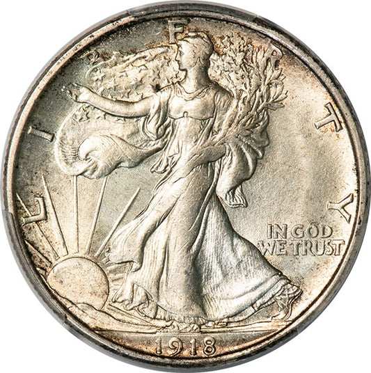 1918-D 50C PCGS MS62 CAC Walking Liberty Half Dollar obverse