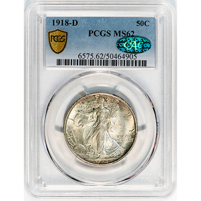 1918-D 50C PCGS MS62 CAC Walking Liberty Half Dollar slab