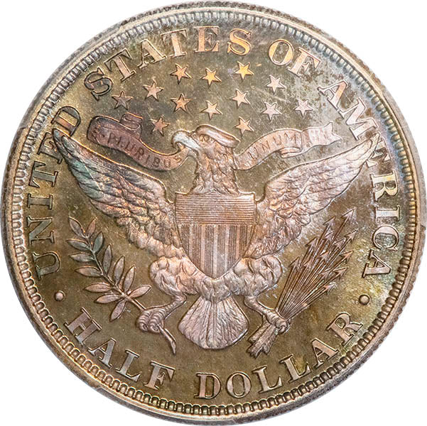 (6547) 1900 50C PCGS PR67 CAC Barber Half reverse