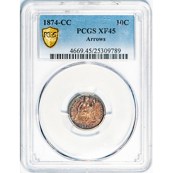 (4669) 1874-CC 10C PCGS XF45 Arrows Seated Dime slab