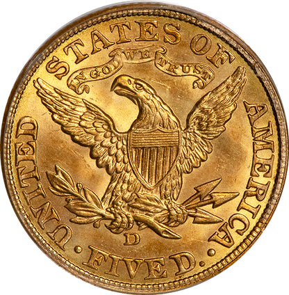 (8417) 1907-D $5 PCGS MS63 Old Holder Liberty Head reverse