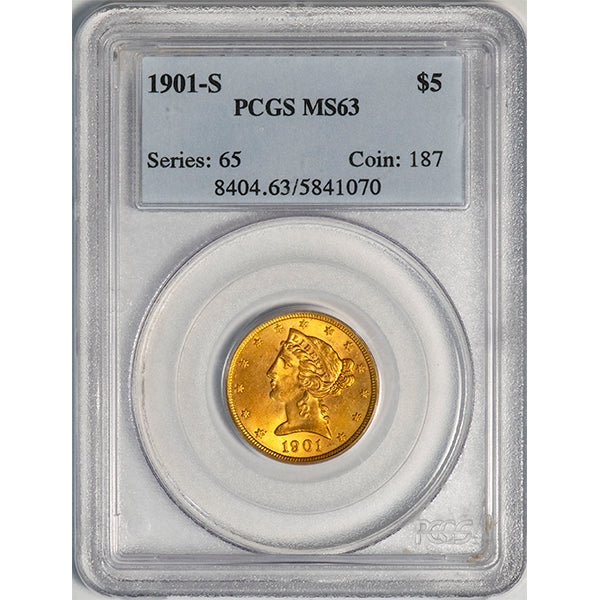 (8404) 1901-S $5 PCGS MS63 Liberty Head slab