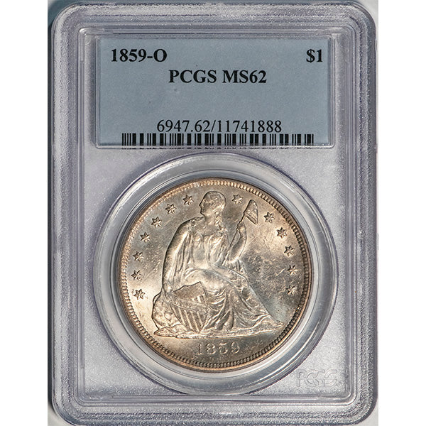 (6947) 1859-O $1 PCGS MS62 Seated Dollar slab