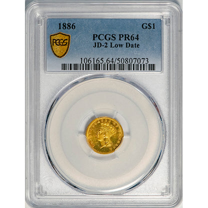 (7440) 1886 G$1 PCGS PR64 JD-2 slab