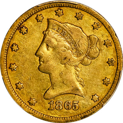 (8643) 1865-S $10 PCGS VF20 865/Inverted 186 obverse