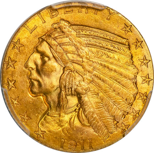 (8520) 1911 $5 PCGS MS64+ CAC Indian obverse