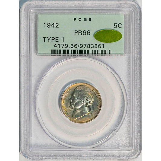 (4179) 1942 5C PCGS PR66 Type 1 Gold CAC Jefferson slab