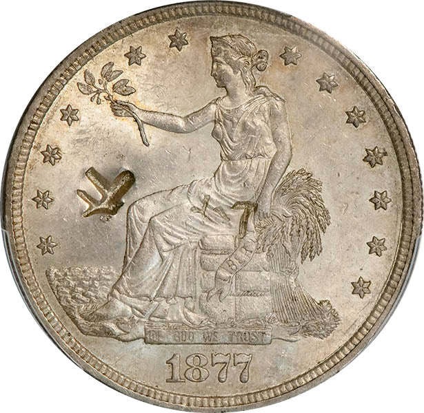 (7085) 1877-S T$1 PCGS MS62 Chopmarked obverse